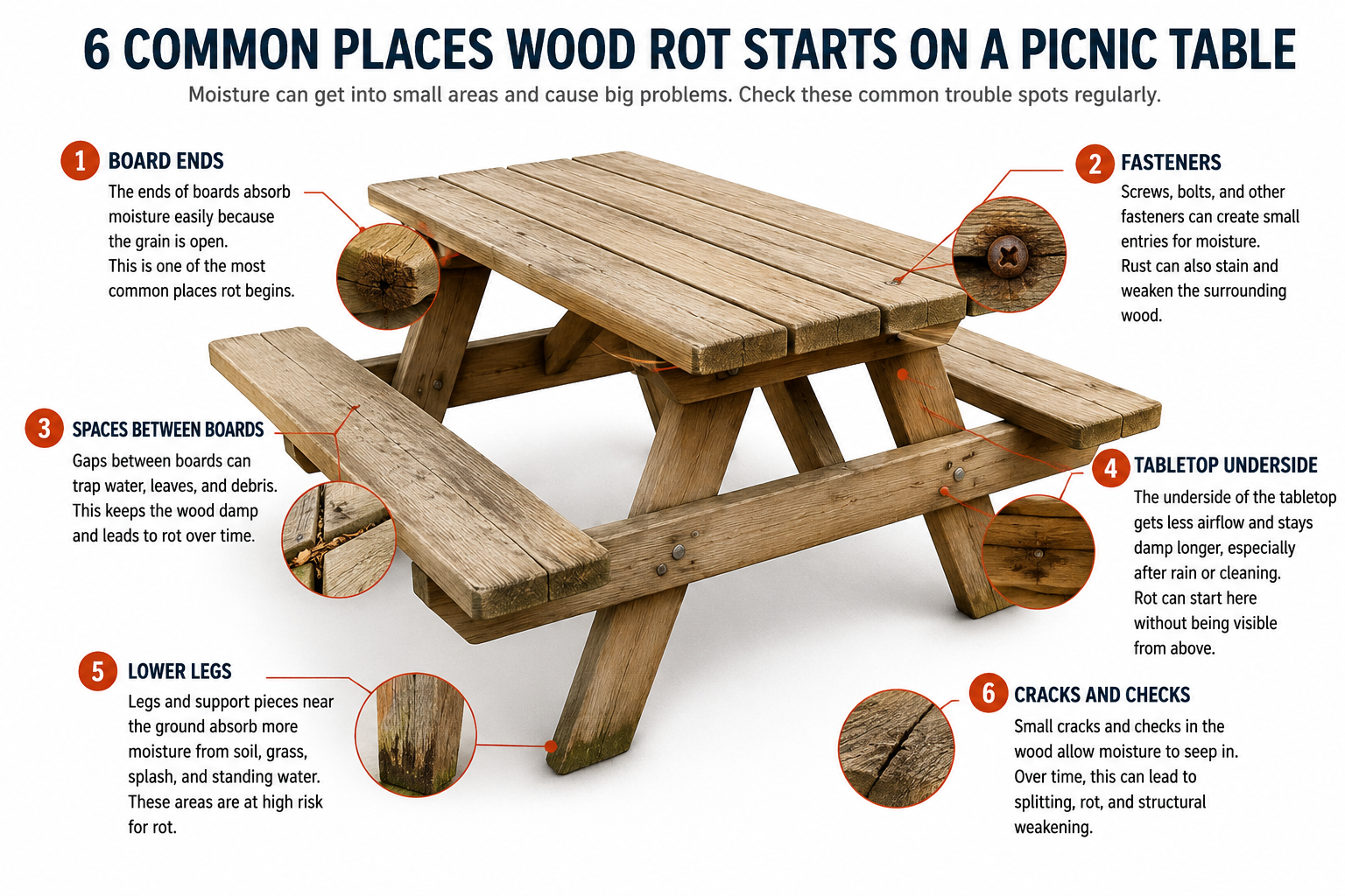 Six common places wood rot starts on a wooden picnic table
